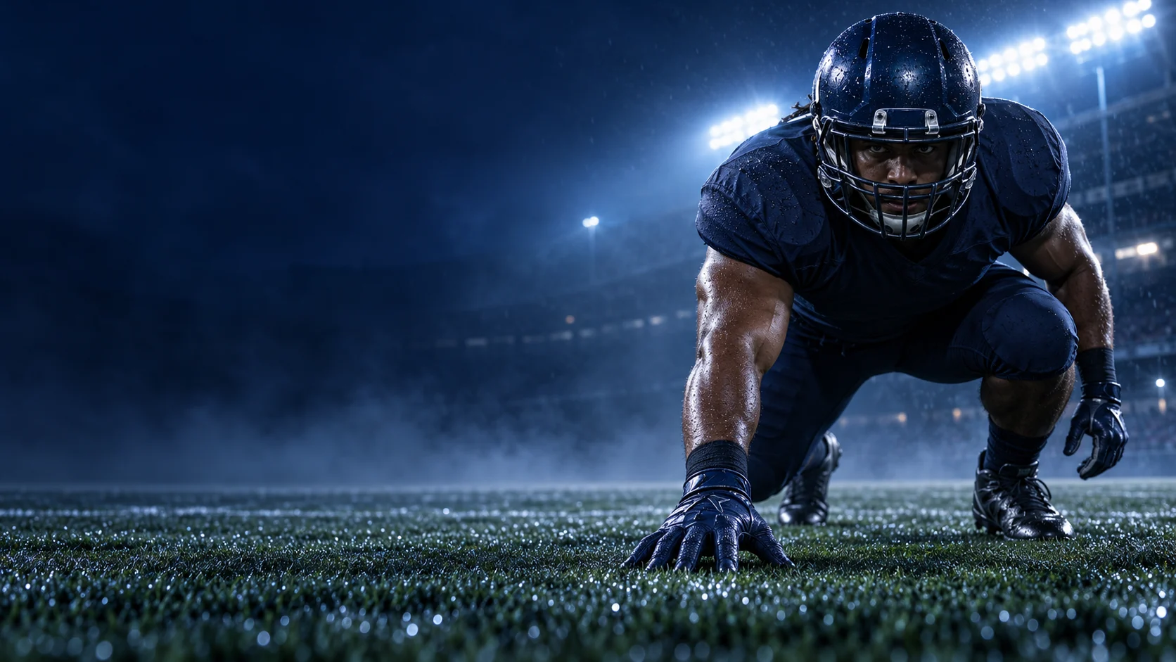 Illustrative adult football athlete poised in a three-point stance under stadium lights.